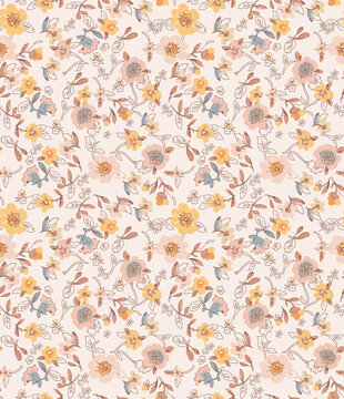 Seamless floral pattern with small yellow and pink flowers on a light background, vintage botanical print for fabric, wallpaper, and textile design