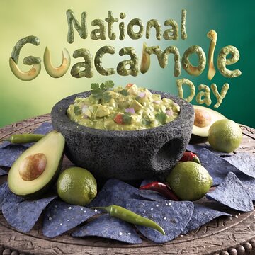 National Guacamole Day celebration with fresh avocados limes chili peppers cilantro and blue corn tortilla chips in traditional stone molcajete bowl artwork generated ai