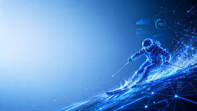 Futuristic Digital Skier with Data Network and Sports Technology Visualization | データ解析とデジタルスキーヤーの未来背景
