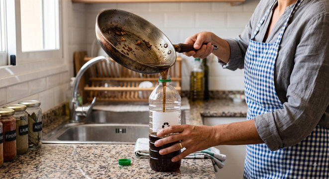 Woman pouring used cooking oil into a plastic bottle in kitchen