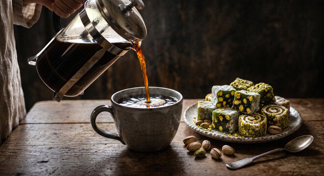 Coffee being poured into cup beside traditional sweets on wooden table