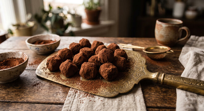 Chocolate truffles arranged on a decorative tray with cocoa powder and bowls