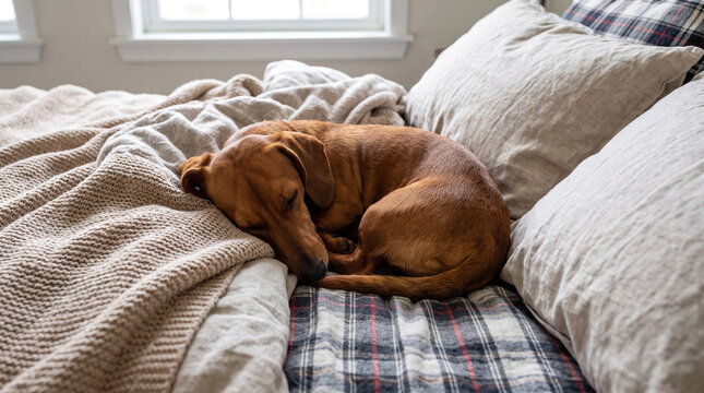 Brown dog sleeping on bed with cozy blankets and pillows in bright room