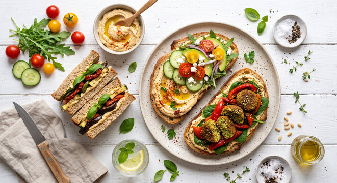 Colorful vegetarian sandwiches with fresh vegetables on a white wooden table