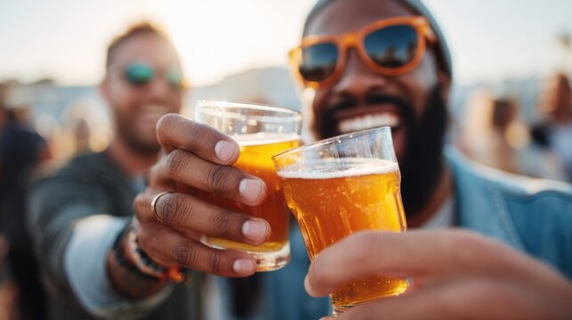 A group of joyful friends happily celebrating together with cold beer at the beach on a beautiful sunny day
