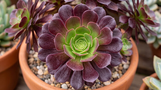 Succulent plant with vibrant green and purple leaves in terracotta pot