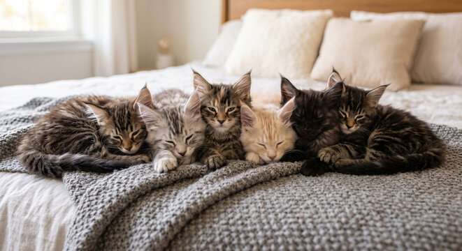 Six kittens sleeping together on a cozy bed with soft blankets and pillows