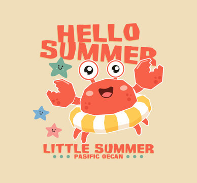 Cute cartoon crab wearing a swim ring with starfish, isolated on a simple background, tropical beach themed vector illustration