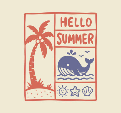 Hand drawn summer beach illustration featuring a tropical palm tree, cute whale, ocean waves, seashell and starfish in a simple retro style