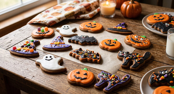 Halloween-themed decorated cookies on wooden table with festive elements