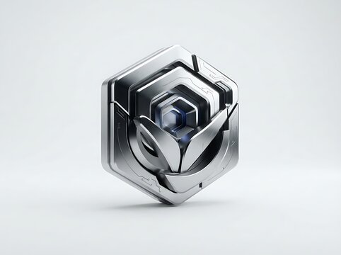 Ultra realistic 3D render of a futuristic metallic digital product icon sleek geometric design polished surface realistic reflections premium technology aesthetic centered isolated white background so
