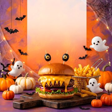 Halloween burger sale social media post template with spooky monster cheeseburger french fries flying ghosts and top copy space banner on purple background