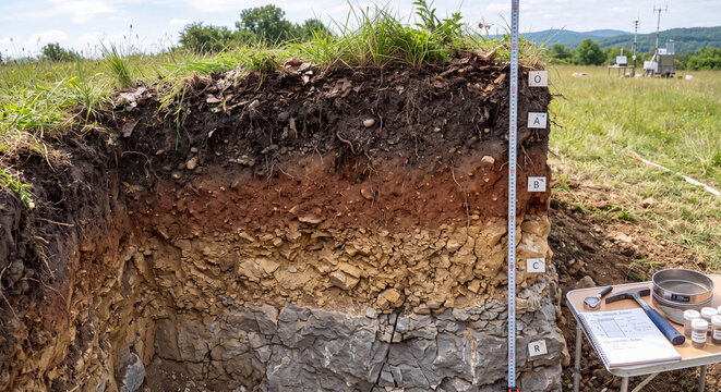 Cross section view of an open soil pit excavation showing geological layers and earth strata with measuring equipment
