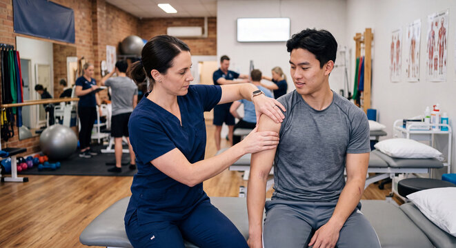 A professional female physiotherapist palpates and tests the arm and shoulder joint mobility of a seated young male patient in a modern rehabilitation center