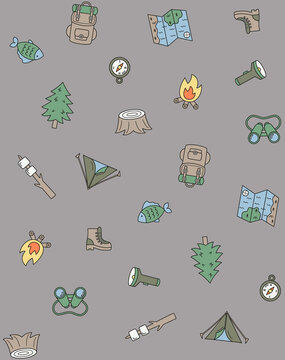 Seamless pattern with camping and hiking equipment, outdoor adventure icons, travel gear, forest elements, and nature exploration symbols on a grey background