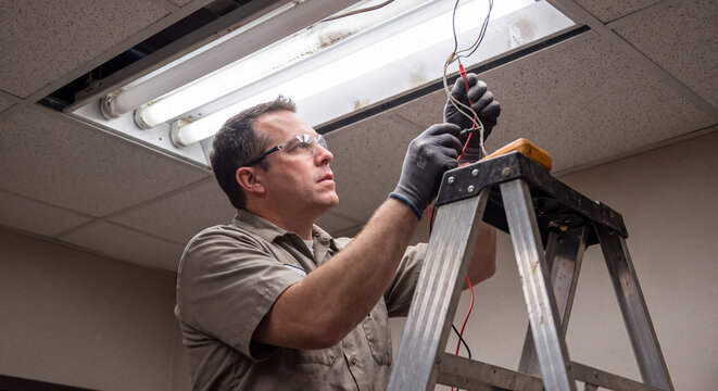 A skilled male maintenance technician standing on an aluminum stepladder inspects electrical wiring and lighting fixtures inside a suspended office ceiling
