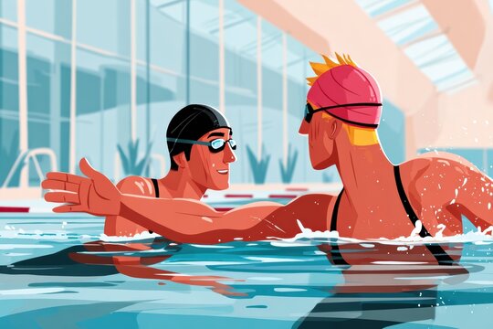 Joyful Swimmers are Enthusiastically Sharing a Memorable Experience Together in the Refreshing Pool Water
