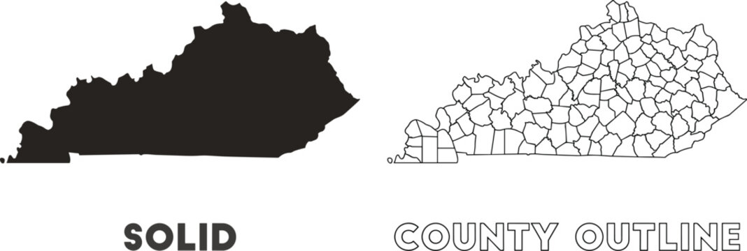 Kentucky State Map Solid Silhouette and County Outline Vector Illustration Collection