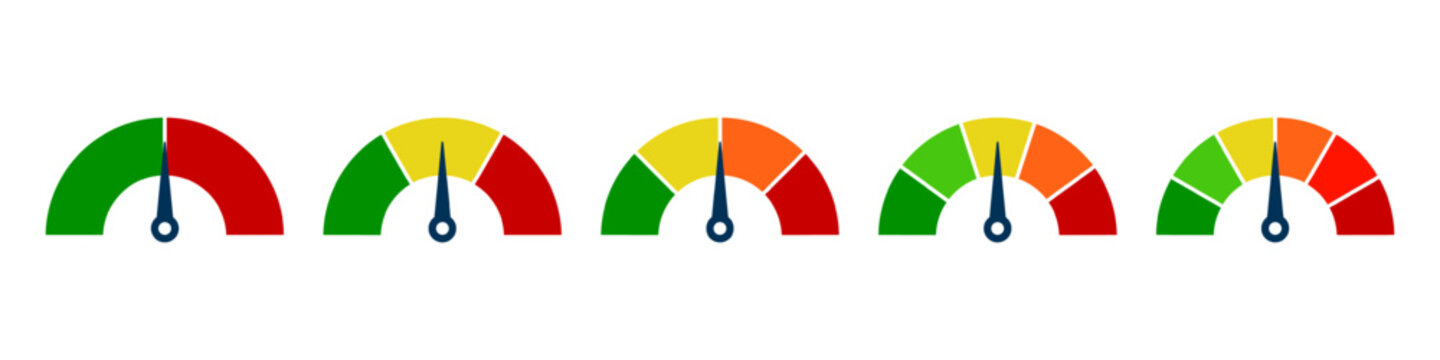 Scale speed valuation set icons, customer indicators of satisfaction, power level indicator, risk progress bar, ranging from low to high, colour speedometer, satisfaction barometer, credit rating