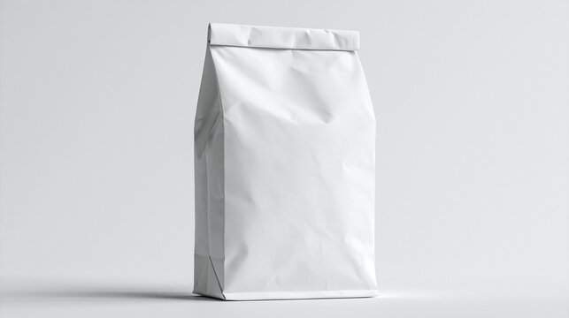 Photorealistic commercial product photography of a plain unbranded white paper packaging bag, tall rectangular upright food