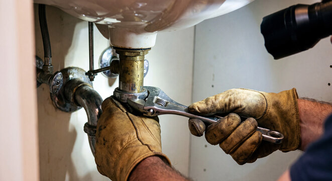 Detailed view of a plumber working in a tight cabinet under a sink using an adjustable spanner and flashlight to repair leaking plumbing pipes