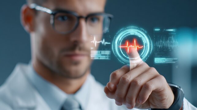 Doctor interacting with virtual medical interface showing glowing heart icon, pulse waveform, data elements, and futuristic healthcare technology in blue clinical setting
