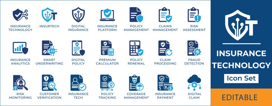 Insurance technology icon set. Featuring digital policy, cyber protection, AI claim analysis, fraud detection, and financial safety. Vector icons for fintech portal and app UI.