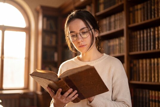 Focused Young Woman with Glasses Reading Antique Book in Sunlit Classic Library
