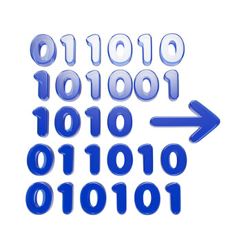 Blue glowing binary code matrix with arrow pointing to highlighted row, quantum computing concept isolated on a transparent background