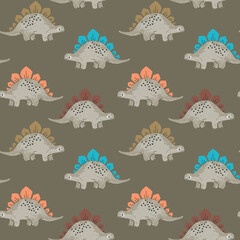 Seamless pattern with cute cartoon stegosaurus dinosaurs on a dark olive green background, fun kids illustration for fabric, wallpaper, or wrapping paper © Creativezone