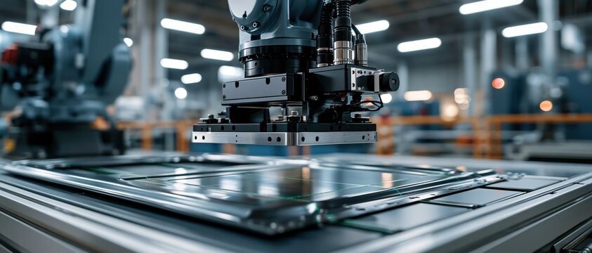 Automation meets sustainability industrial robot arm precisely handling a solar panel on a production line. Ideal for clean energy, manufacturing innovation, and Industry 4.0 concepts.