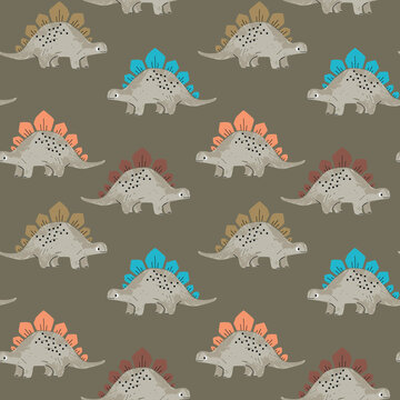 Seamless pattern with cute cartoon stegosaurus dinosaurs on a dark olive green background, fun kids illustration for fabric, wallpaper, or wrapping paper