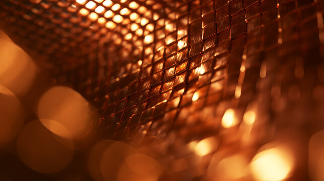 Abstract Golden Metallic Mesh with Glowing Bokeh Lights