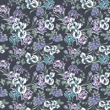 Seamless floral pattern with vintage roses and iris flowers on a dark charcoal background, elegant botanical wallpaper design for textile and fashion prints