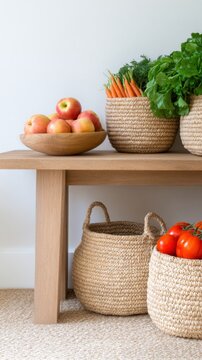 A wooden table holding a bowl of apples and woven baskets filled with vegetables