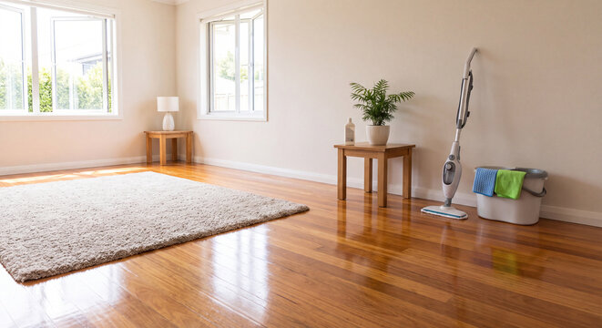 Spacious and spotless empty room showcases polished wooden parquet flooring a beige wool rug a side plant table and cleaning equipment by the wall