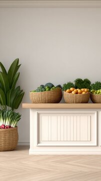 A serene interior featuring lush plants and baskets of fresh produce on a wooden countertop