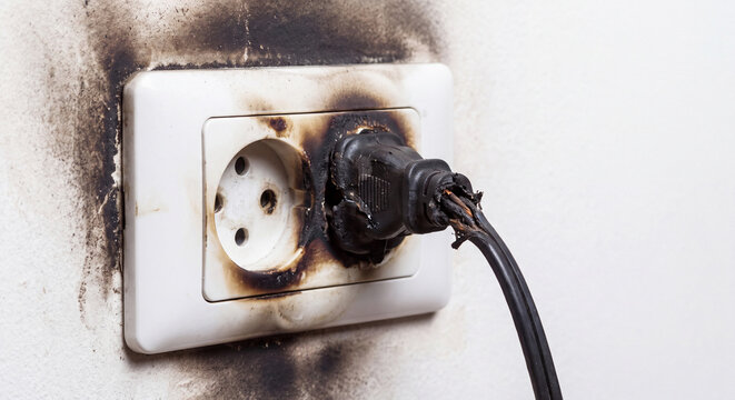 A dangerously burned and blackened electric wall socket with a melted power plug showing fire damage and soot on a residential plaster wall.