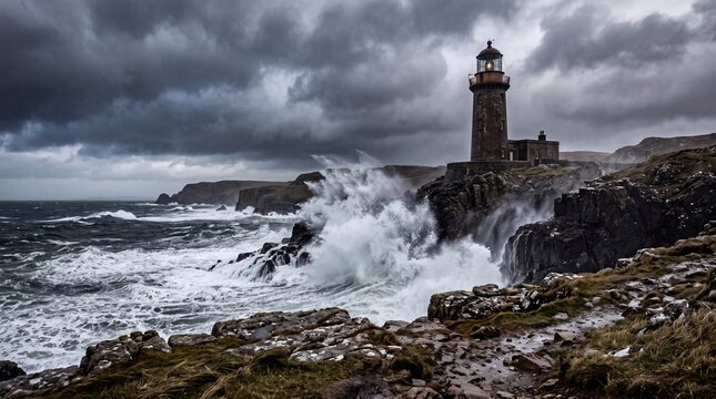 Lighthouse on Rocky Coast During Severe Ocean Storm