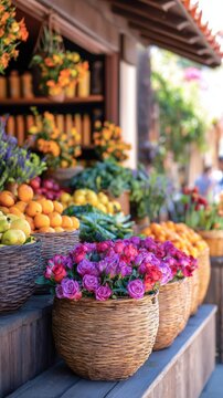A vibrant market stall displaying an array of colorful fruits and blooming flowers in woven baskets
