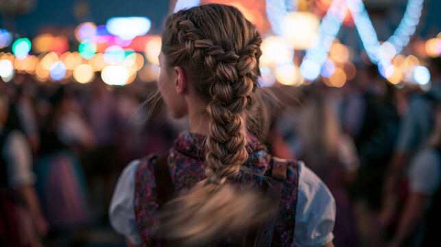 Woman in Dirndl with Braided Hair at Night Festival