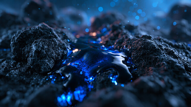 Glowing Blue Energy Liquid on Dark Volcanic Rock