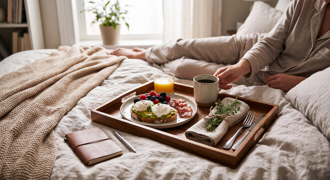 Close up of a wooden tray holding a healthy breakfast with a mobile phone and notepad resting on a cozy bed with a person.