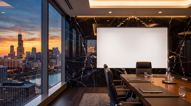 Modern Executive Boardroom with Blank Screen and City Skyline