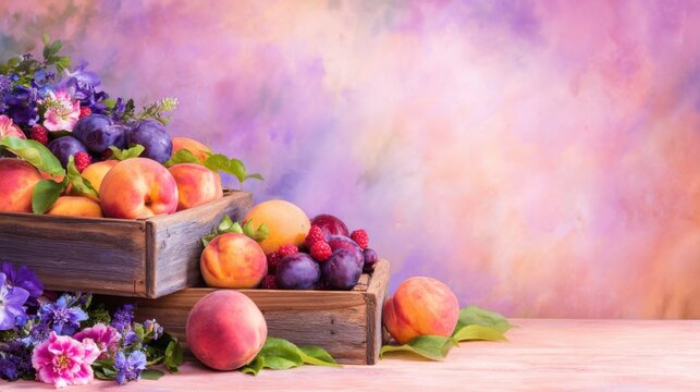 A vibrant arrangement of fruits with colorful blossoms set against a pastel gradient background