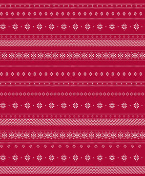 Seamless christmas pattern with snowflakes and geometric shapes on a red background, festive winter holiday textile design