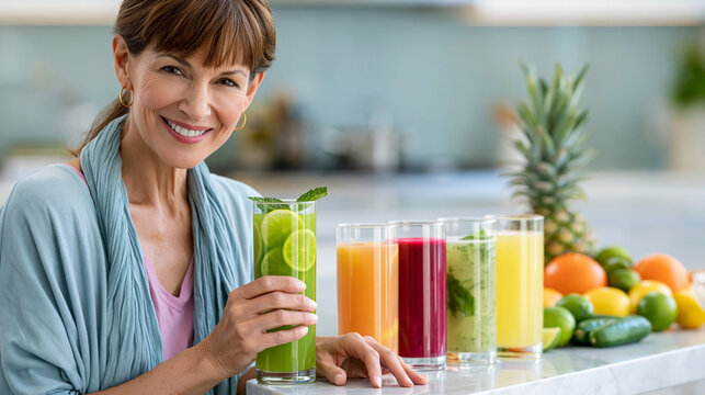 Smiling mature woman holding green detox juice with fresh lime and mint beside colorful fruit smoothies in modern kitchen, healthy nutrition and wellness concept