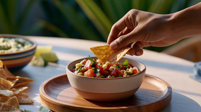 Hand dipping crispy tortilla chip into fresh corn and tomato salsa with cilantro served in ceramic bowl, colorful mexican appetizer in warm sunlight