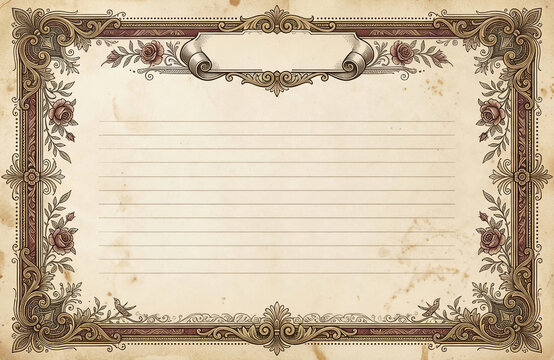 Vintage blank lined certificate border with rose accents and scrollwork, perfect for an award or diploma.