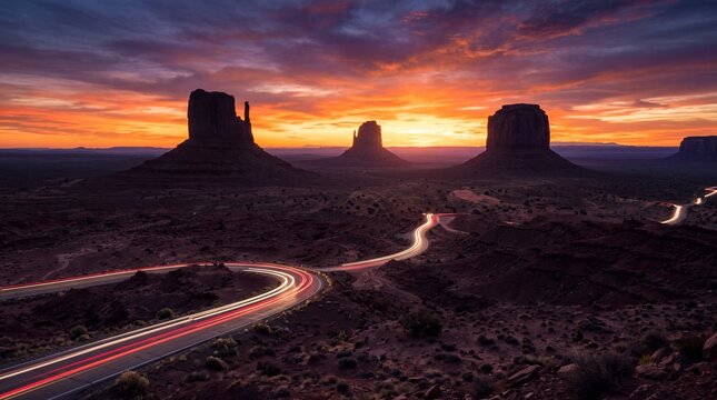 Monument Valley at Sunset with Highway Light Trails
